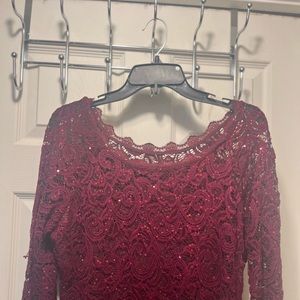 Size XL junior dress. Burgundy Knee length. Long sleeve lace with sparkle.